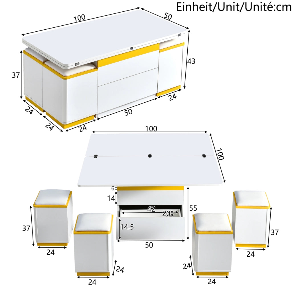 Tavolino da salotto alzabile con piano apribile, 1 cassetto, vani aperti e 4 sgabelli, bianco, 100 × 50 × 43 cm