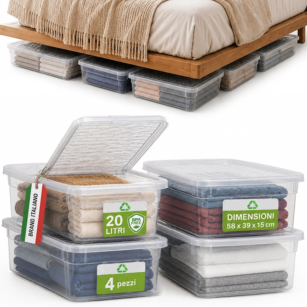 Set 4 Pezzi Contenitori con Coperchio 58x39x15 cm Storage Box Marea Capienza 20L in Plastica Trasparente