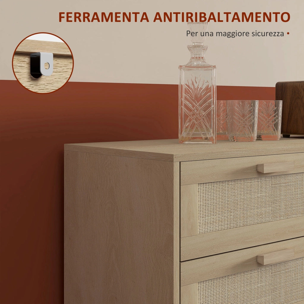 Cassettiera 6 Cassetti Stile Boho per Soggiorno e Camera da Letto 110x40x75 cm in Legno e Rattan Naturale
