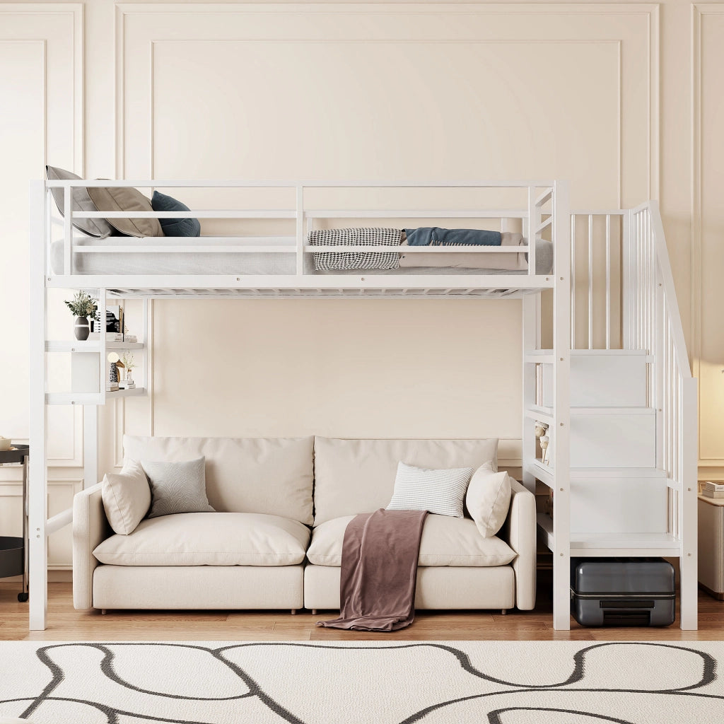 LETTO A CASTELLO 90x200 cm con ripiani, scala contenitore, bianco