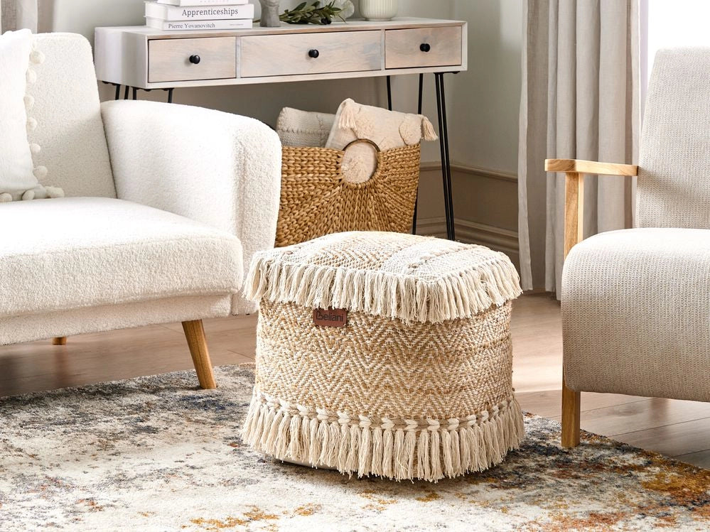 Pouf beige in iuta e cotone EPS con imbottitura di nappe Pouf quadrato Soggiorno