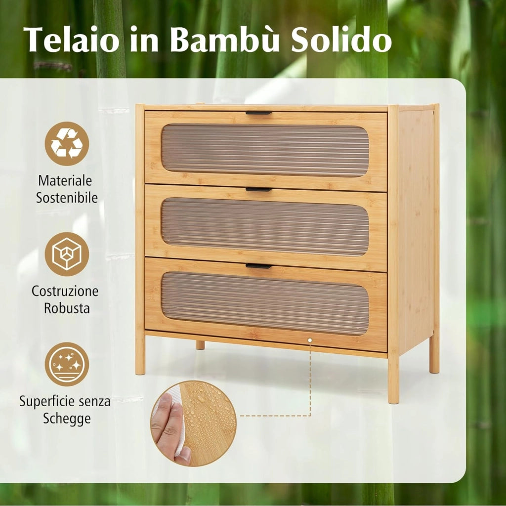 Cassettiera a 3 Cassetti in Bambù e Vetro Temperato, Cassettiera Salvaspazio per Camera da Letto, Credenza per Soggiorno, Ingresso e Corridoio, 80 x 40 x 78,5 cm, Naturale
