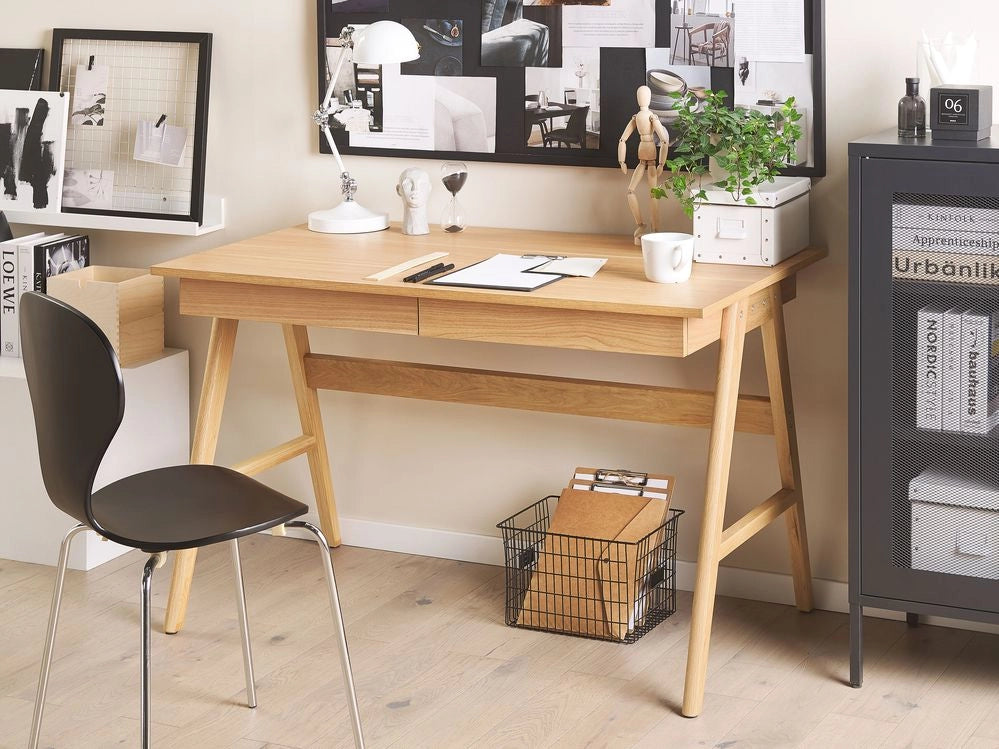 Scrivania per home office in legno chiaro 120 x 70 cm Postazione di lavdorato con 2 cassetti
