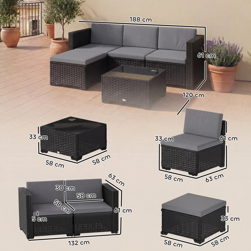 5-Piece Modular Wicker Garden Set with Cushions, Gray Corner Sofa