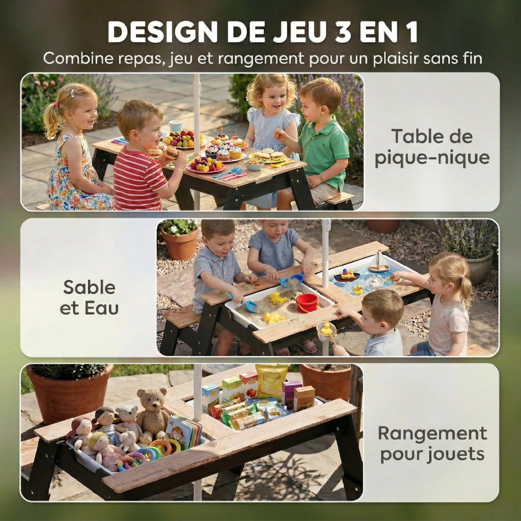 Tavolo da pranzo per bambini con sedie e ombrellone ¨C Minimal ¨C Legno naturale 90x90x50