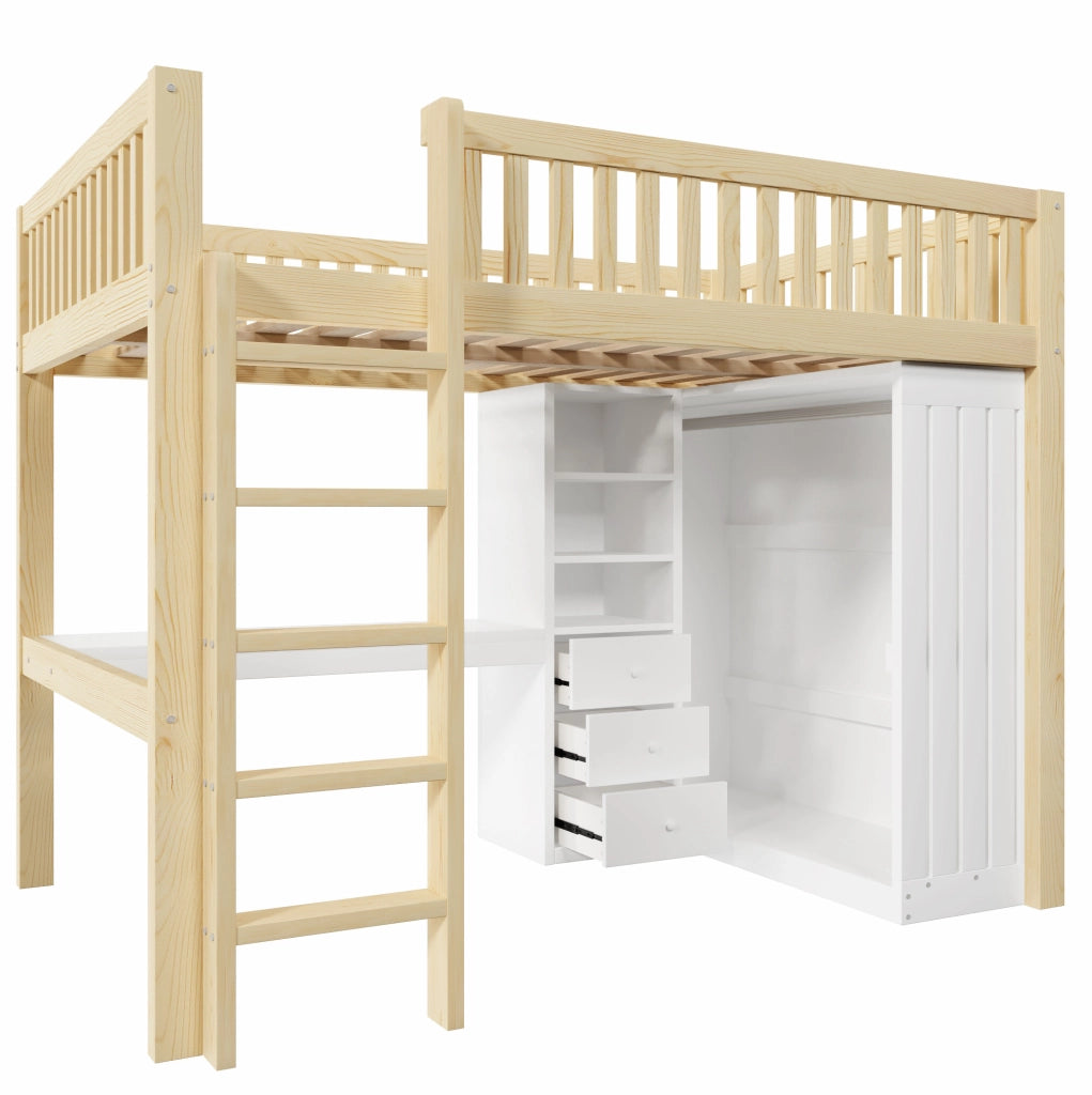 Letto a soppalco 140x200 cm con scrivania; guardaroba; 3 cassetti; in legno di pino e MDF; naturale