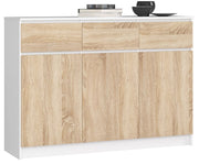 Cassettiera AKORD K140 Bianca 138 cm 3 ante 3 cassetti inserto frontale Sonoma Quercia 138x40x99 cm