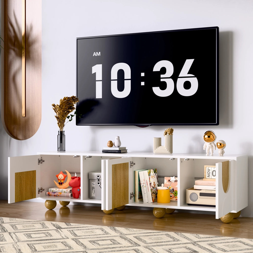 Mobile TV con quattro ante; vani contenitore e gambe in legno in MDF bianco e naturale 175 × 38 × 50 cm