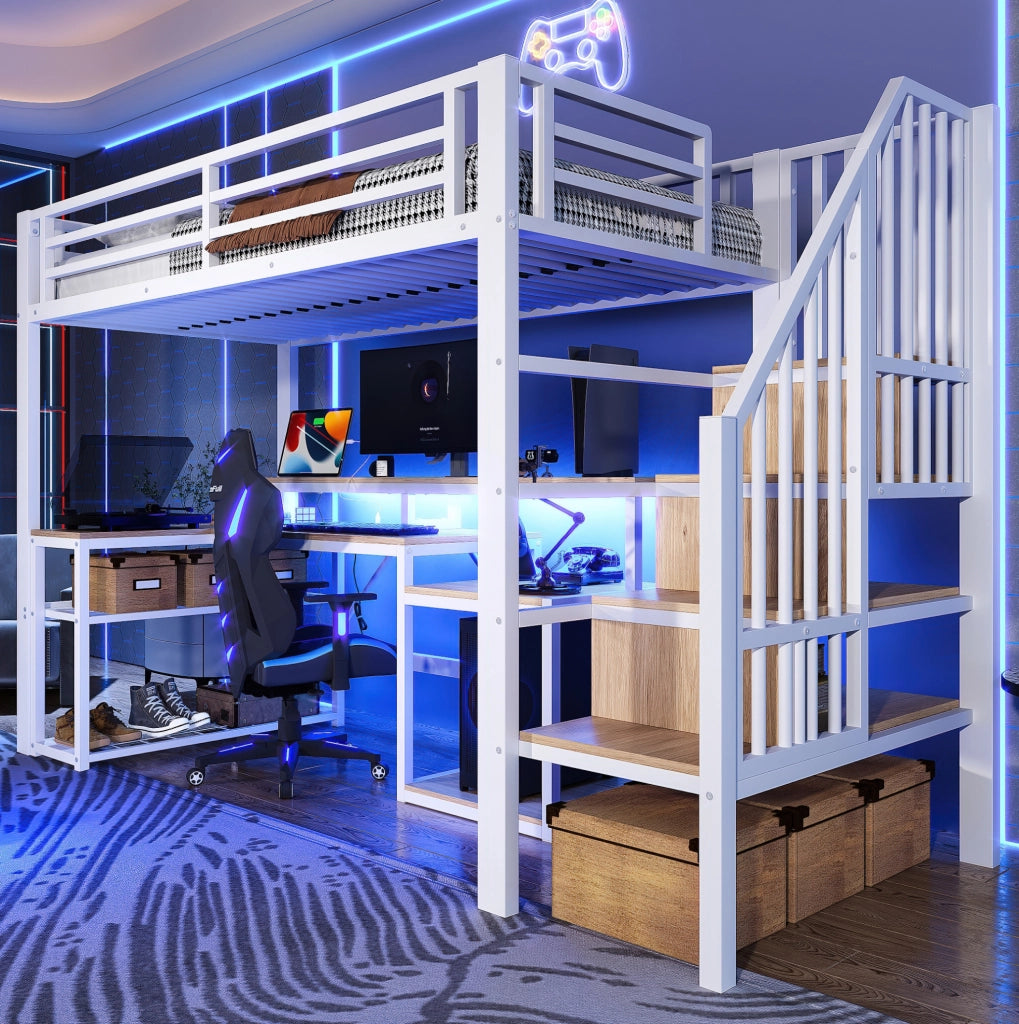 Letto a soppalco 90x200 cm con scrivania, LED e USB, struttura in metallo bianca