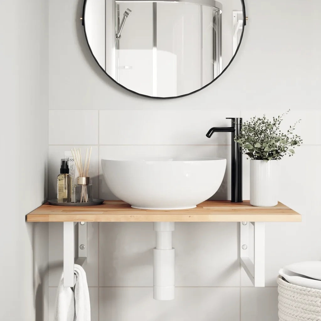 Ripiano a Parete per Lavabo in Acciaio e Massello di Acacia 3302776