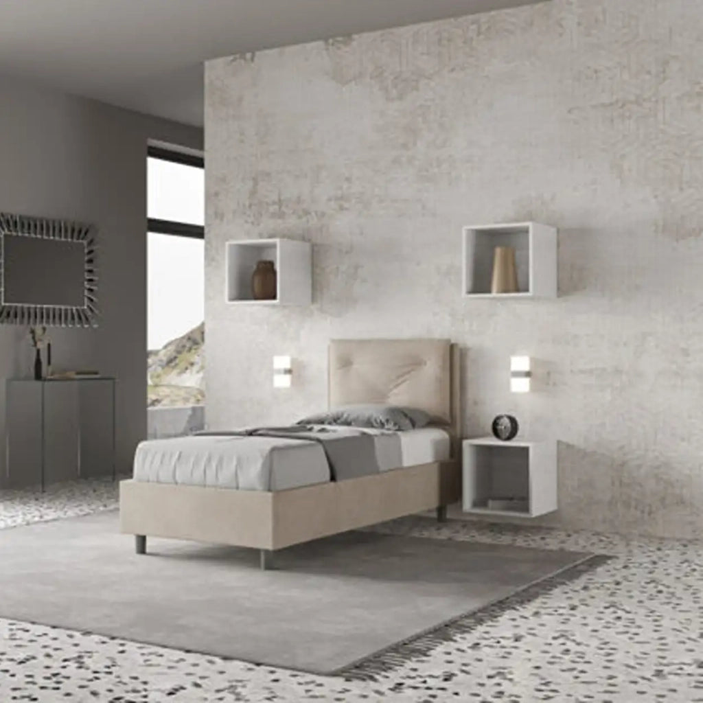 Letto singolo con rete imbottito 80x200 microfibra sabbia Appia