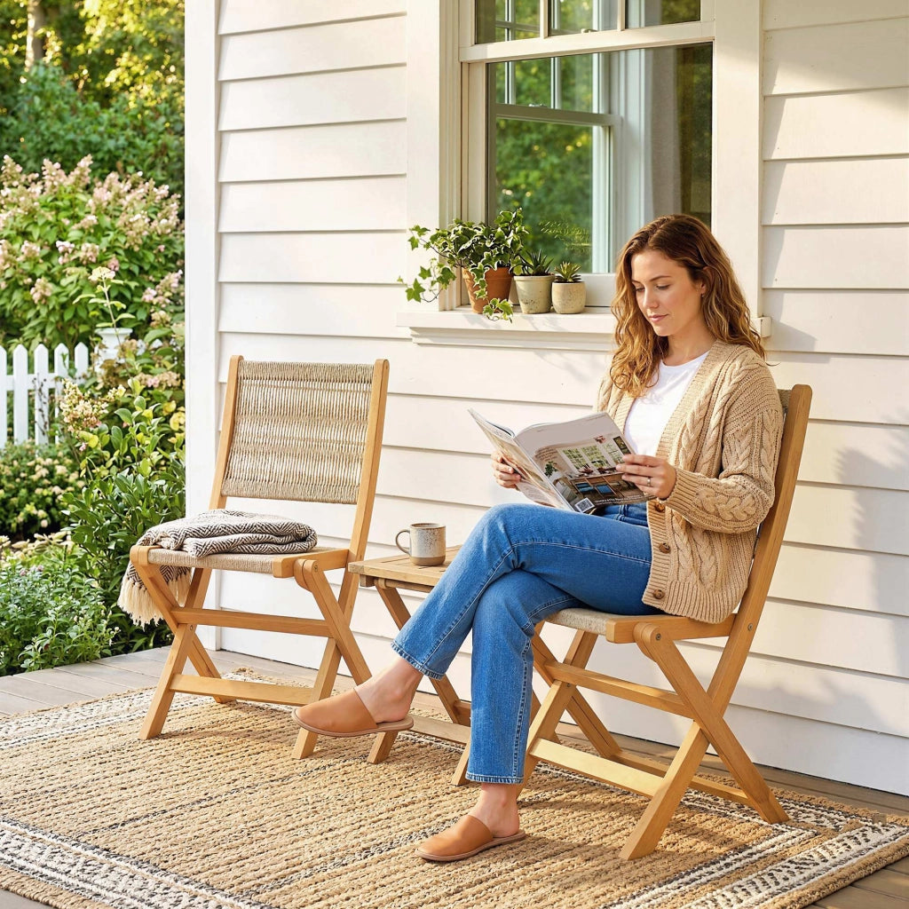 Set 2 Sedie Pieghevoli da Giardino ¨C Xylo ¨C Rattan PE e Legno Acacia Beige 160kg