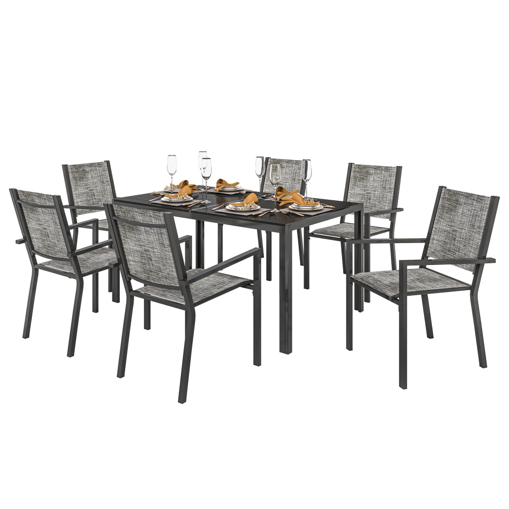 Set da Giardino 7 Pezzi con Tavolo Rettangolare e 6 Sedie Impilabili Traspiranti in Acciaio Grigio e Nero