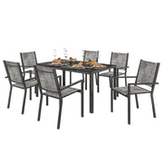 Set da Giardino 7 Pezzi con Tavolo Rettangolare e 6 Sedie Impilabili Traspiranti in Acciaio Grigio e Nero