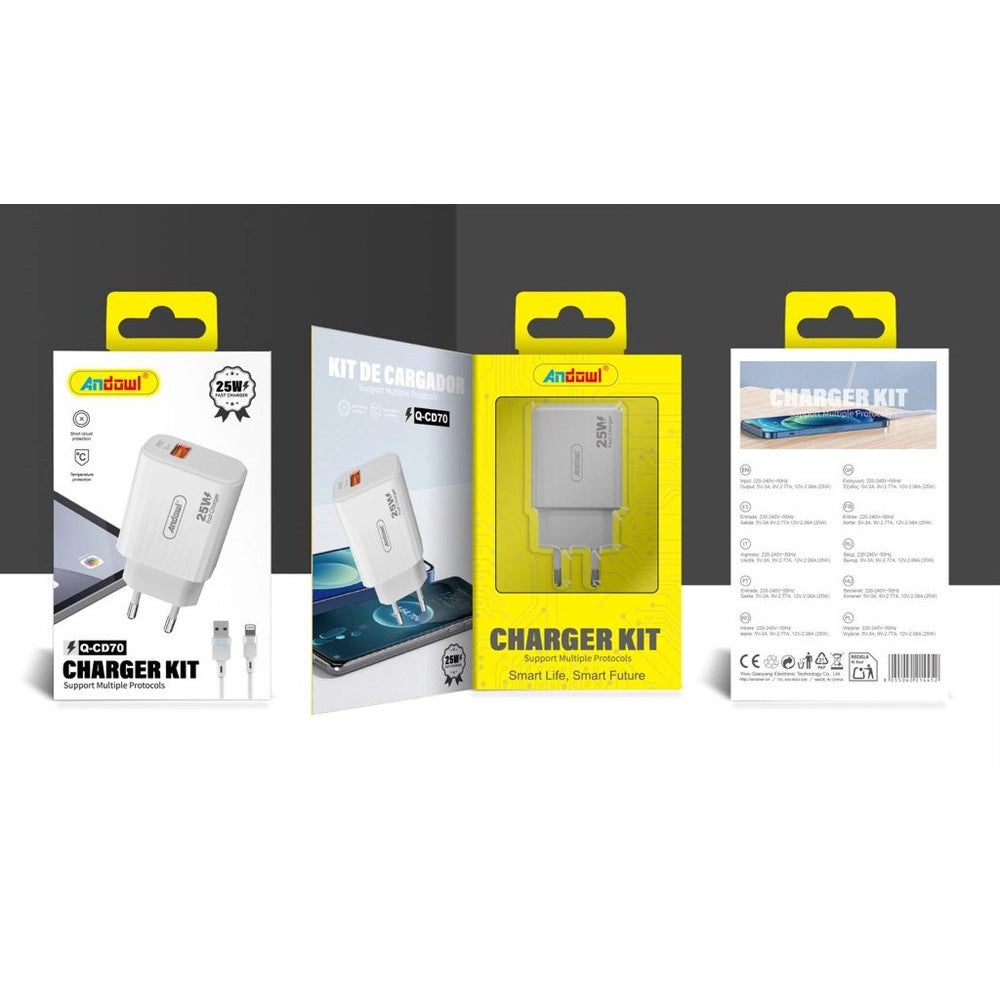 Trade Shop - Kit Caricabatterie Per Cellulare Porta Usb Con Cavo Lightning 25w Quick Charge 3.0 Q-cd70 -