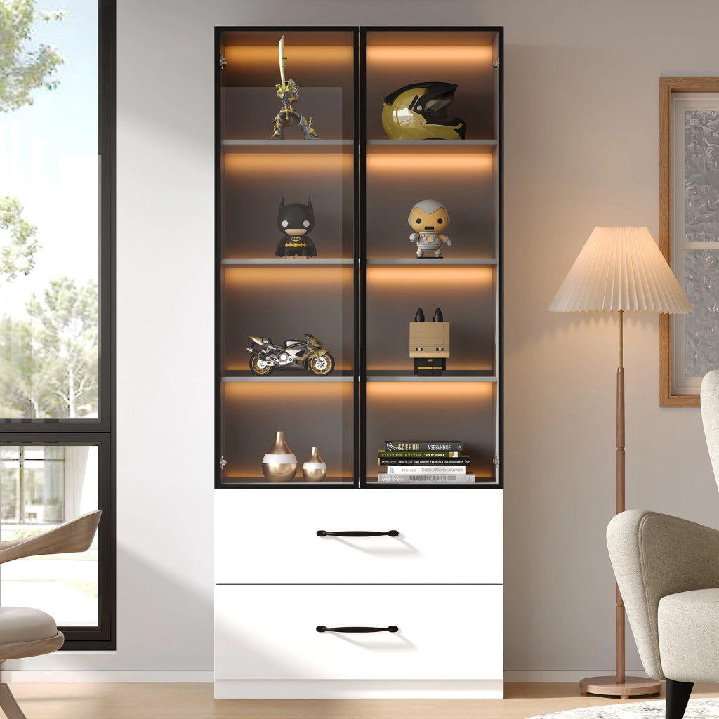 Vetrina 60x40x160 cm con illuminazione LED multicolore e 2 cassetti in truciolato bianca