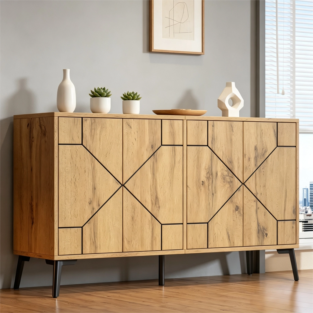 Madia con 4 ante a pressione e 4 scomparti; per soggiorno o cucina; colore naturale; 120 × 35 × 69 cm
