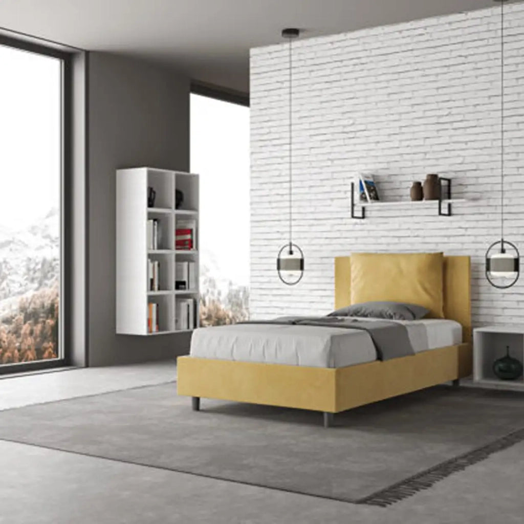 Letto una piazza e mezza contenitore imbottito 120x190 microfibra ocra Antea