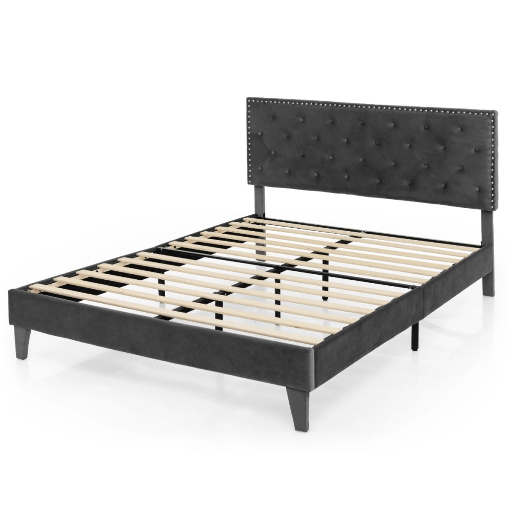 Letto a piattaforma imbottito con testiera bottoni doghe in legno, Struttura letto moderno Grigio 207,5x200x105,5/114cm-Letti e strutture