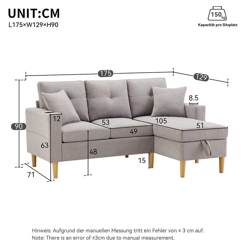 Divano L - Xylo - 3 posti con chaise longue porta-bicchieri
