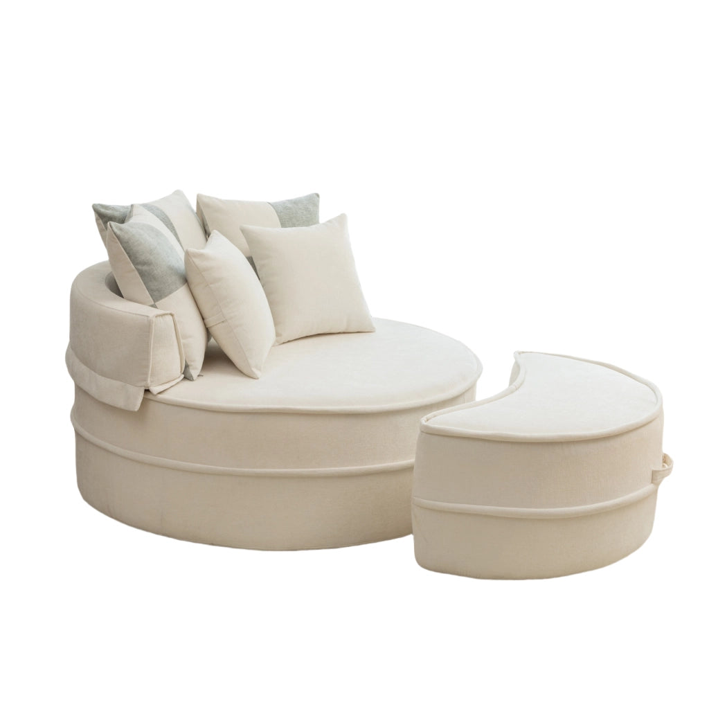 Poltrona con poggiapiedi rotonda con 5 cuscini e seduta profonda sfoderabile in chenille - beige