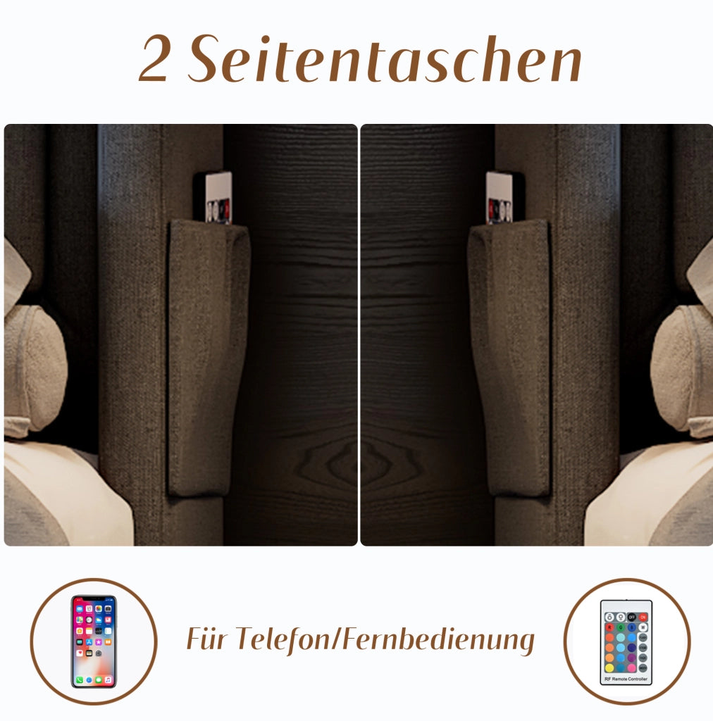 Letto matrimoniale imbottito 140x200 cm in cotone e lino grigio con LED e USB