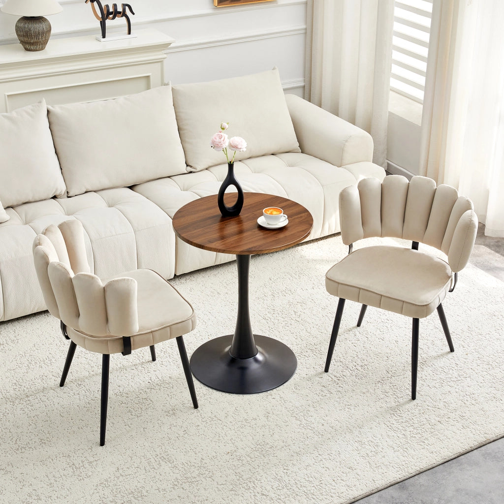Set tavolo e sedie con 1 tavolo rotondo e 2 sedie con schienale a petalo in MDF; velluto e metallo noce e nero