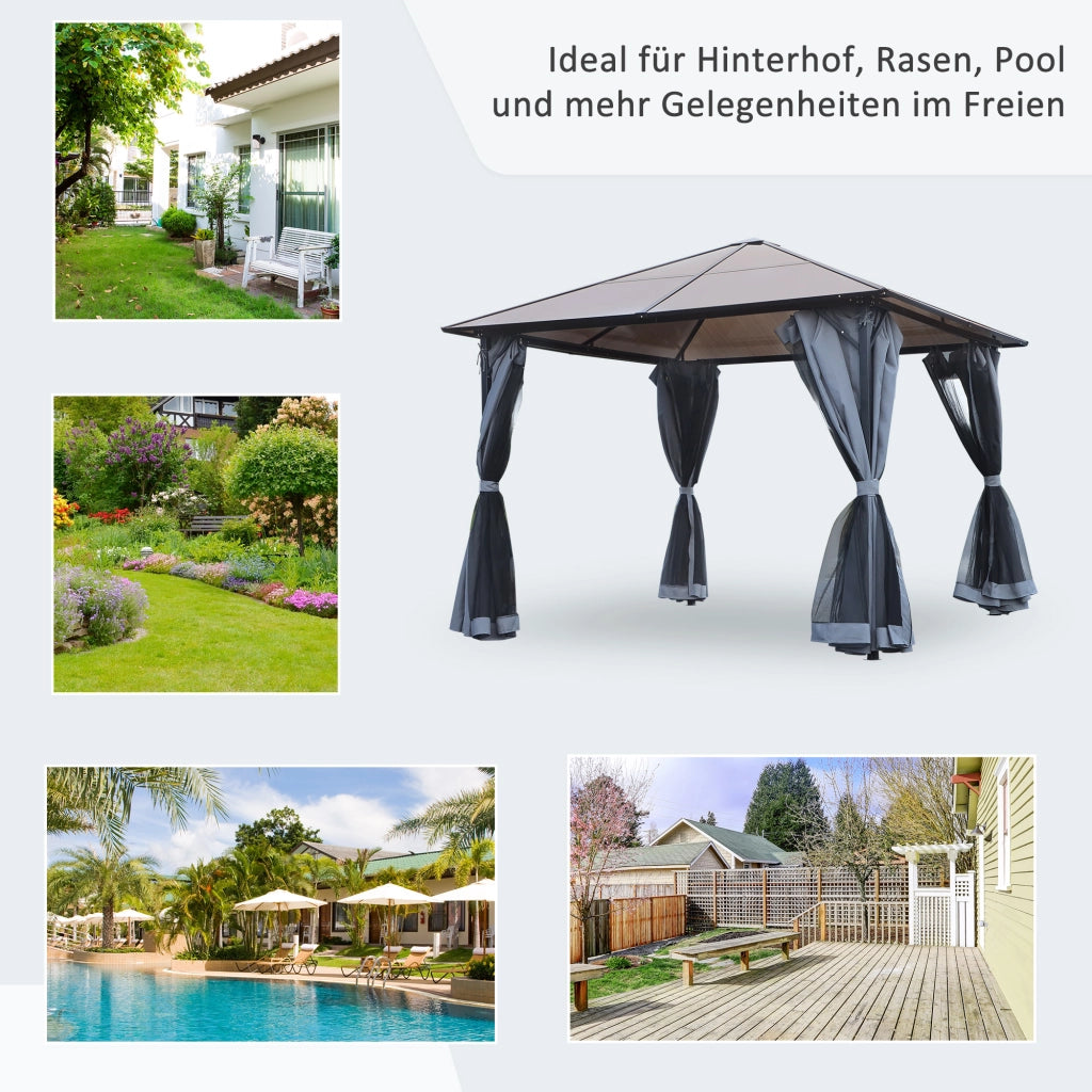 Gazebo con tetto in policarbonato e tende con zanzariera ¨C Zephmum ¨C Grigio scuro 300x300 cm