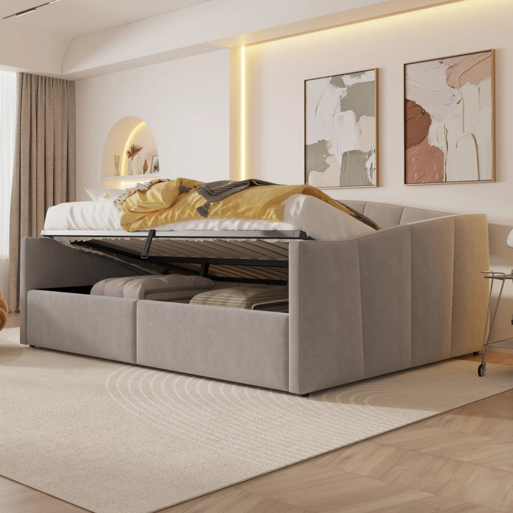 Letto Contenitore 140 × 200 cm 2 posti con vano idraulico e braccioli, senza materasso, in velluto, grigio chiaro