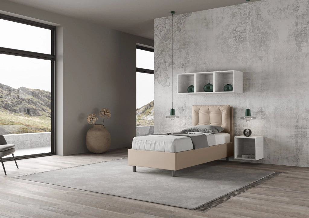 BS COM Letto singolo con rete imbottito 80x200 similpelle tortora