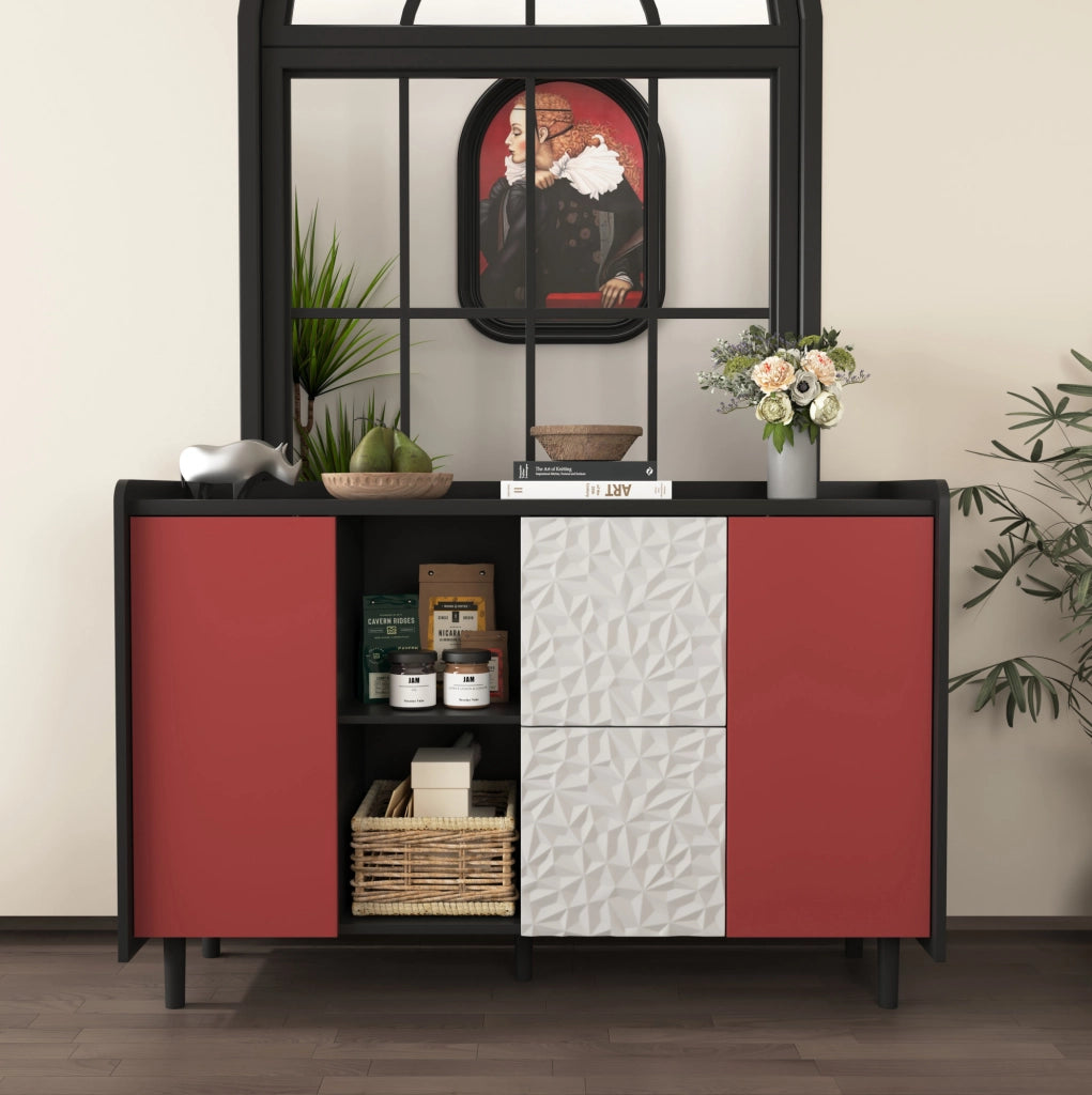 Credenza buffet con 2 cassetti e vano aperto 120x40x80 cm in MDF nero e rosso