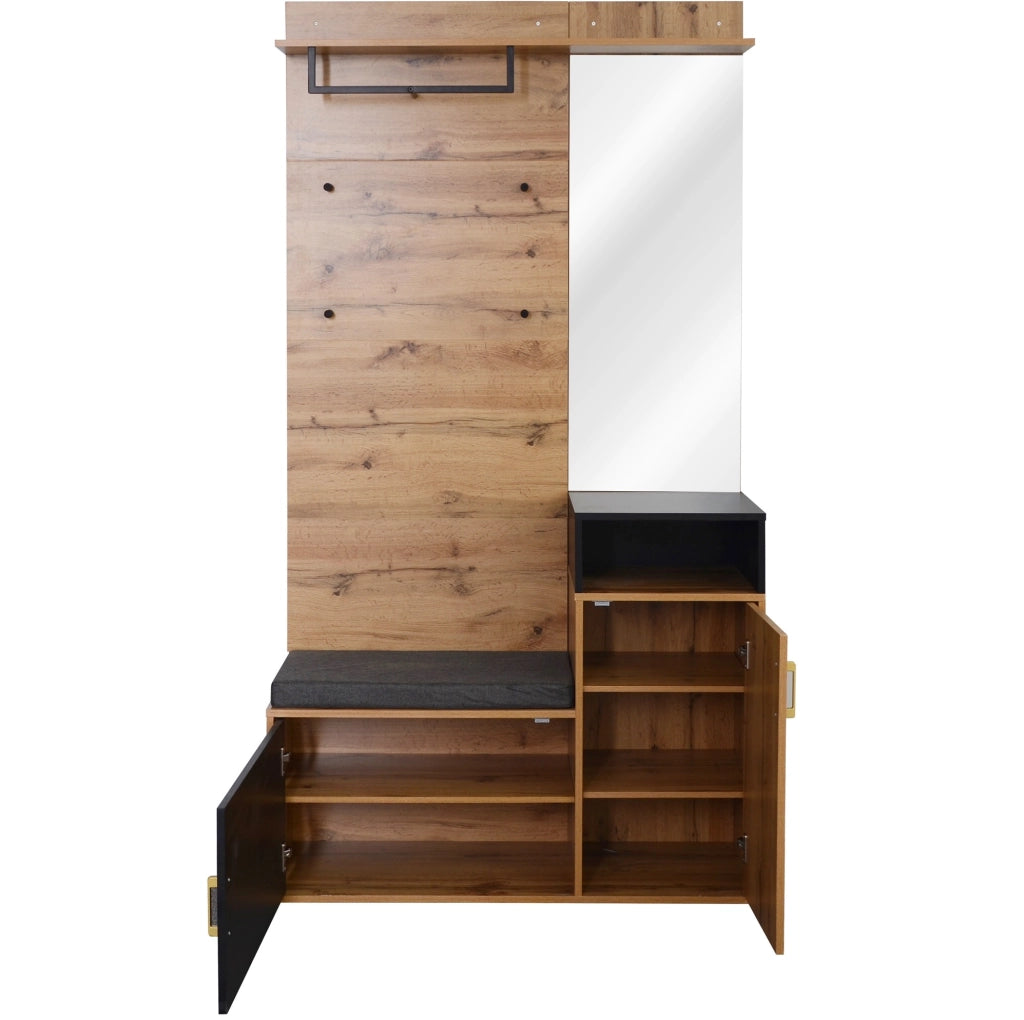 Set da ingresso 105x40x191.5 cm con specchio e panca portascarpe in MDF e truciolato nero e naturale