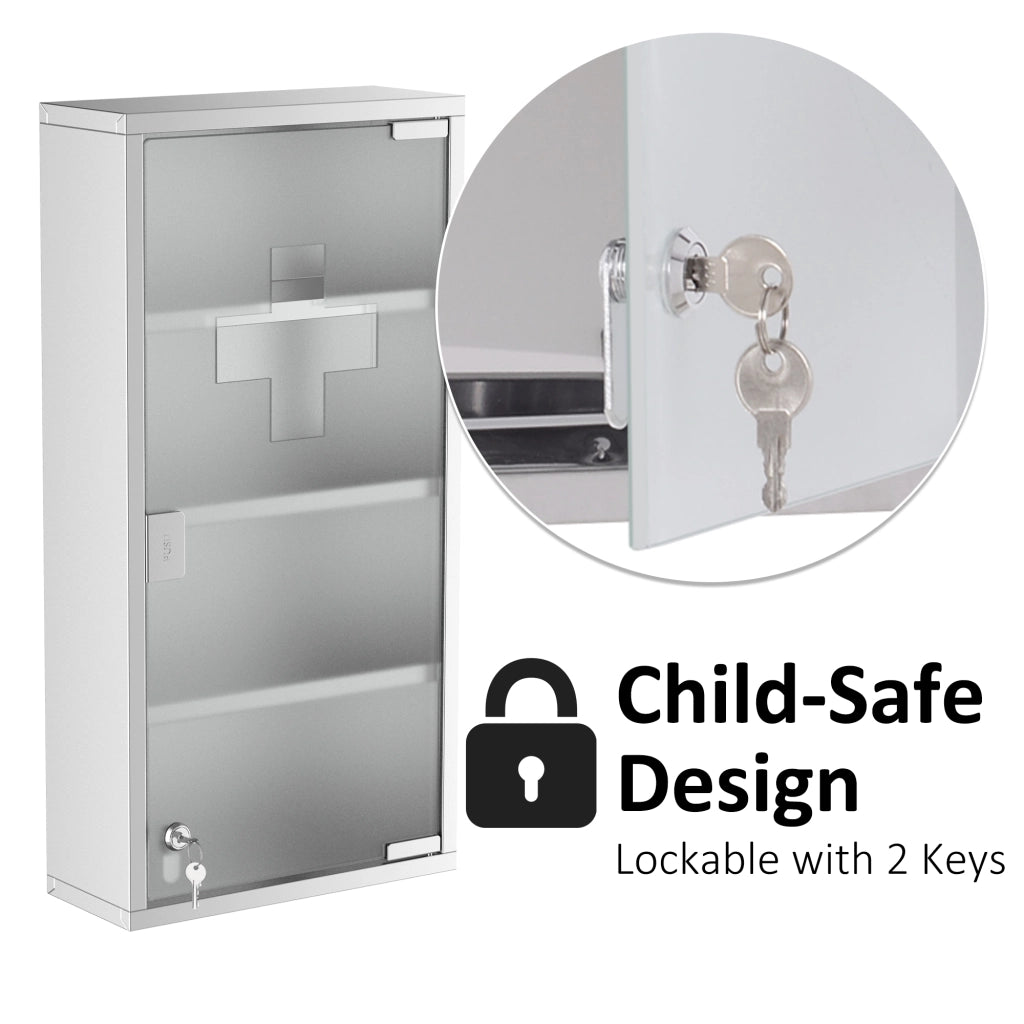 Mobile bagno con anta in vetro satinato; serratura e croce primo soccorso in acciaio inox per bagno; 30×12×60 cm