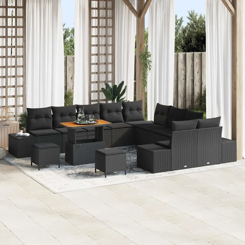 Set Divano da Giardino con cuscino 13 pcs Nero Poly Rattan