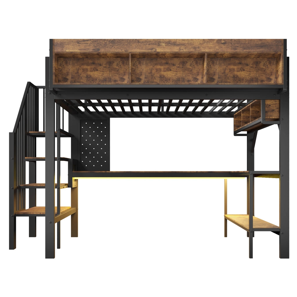 Letto a soppalco 140x200 cm vintage marrone-nero con scrivania, LED, prese USB e contenitore