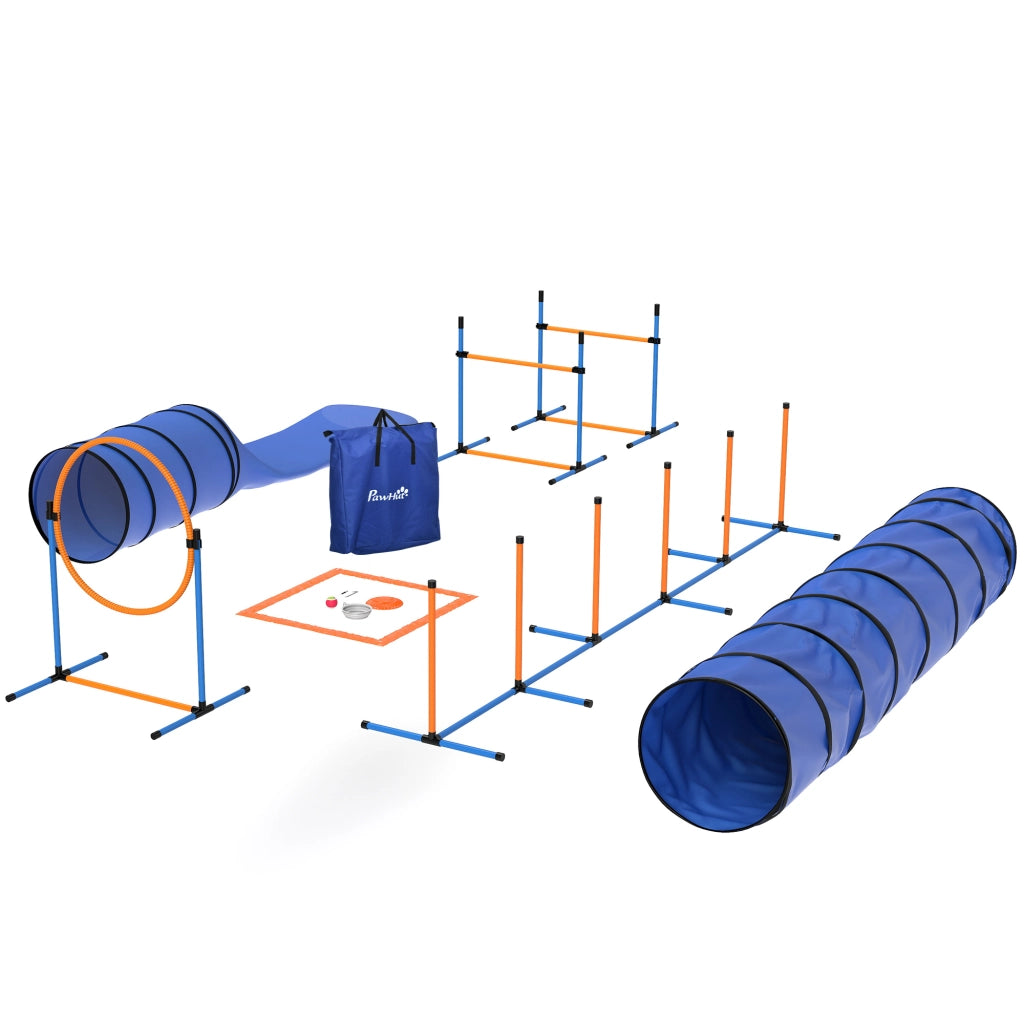 Set Agility per Cani 11 Pezzi ¨C Xylo ¨C con 2 Tunnel, Ostacoli Regolabili, Arancione e Blu