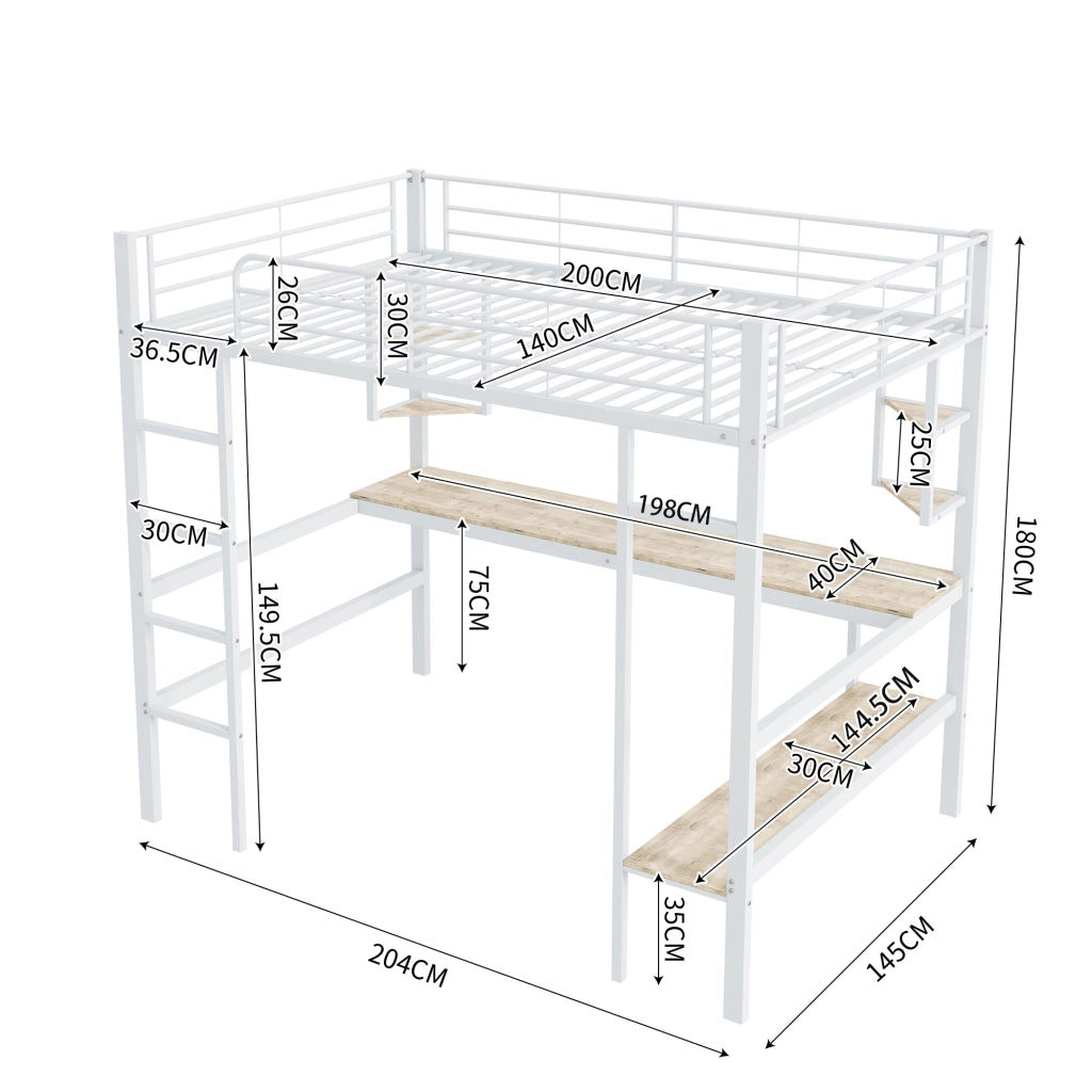 OKWISH Letto a Soppalco 140×200 cm, Letto Matrimoniale con Scrivania, 4 Mensole e Libreria, senza Materasso, in Metallo e MDF, Bianco