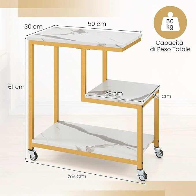 Tavolino a 3 Livelli, Tavolino Laterale a Forma di G con Ruote Bloccabili e Mensole Aperte, Tavolino Moderno da Salotto, Camera da Letto e Studio