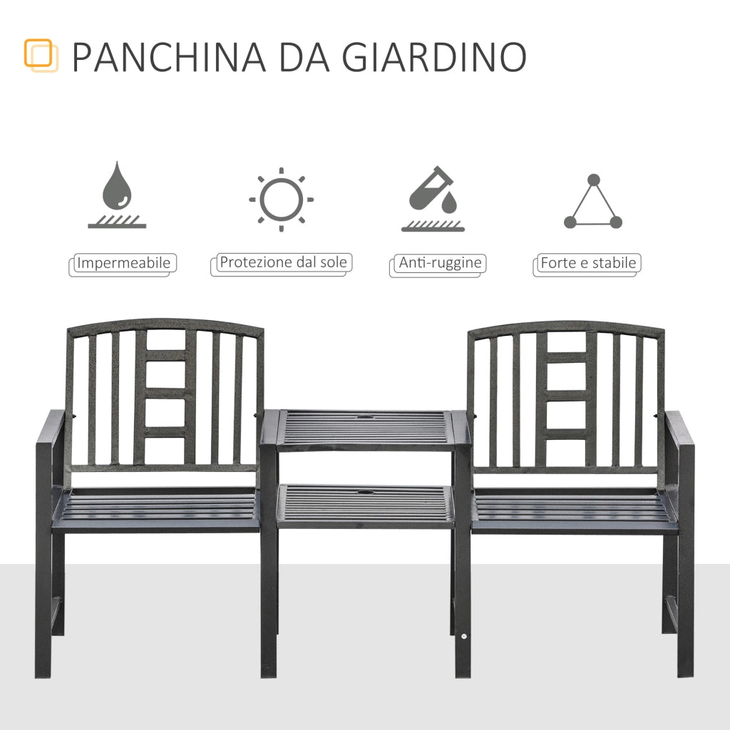 Panchina da Giardino Moderna 2 Posti con Tavolino e Foro per Ombrellone Arredamento da Esterno 165x56x85.5cm Nero