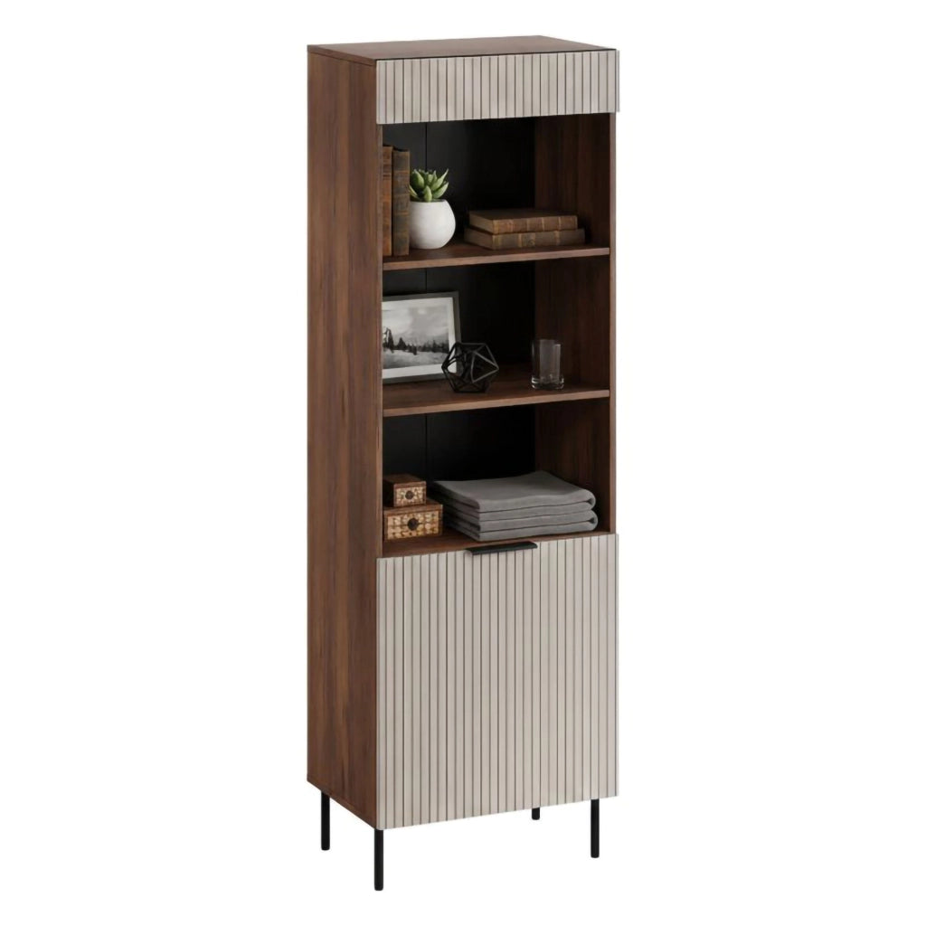 Libreria Agri, Mobile portalibri con vani aperti e un'anta, Design moderno e minimale, 185x42 h60 cm, Noce e Beige