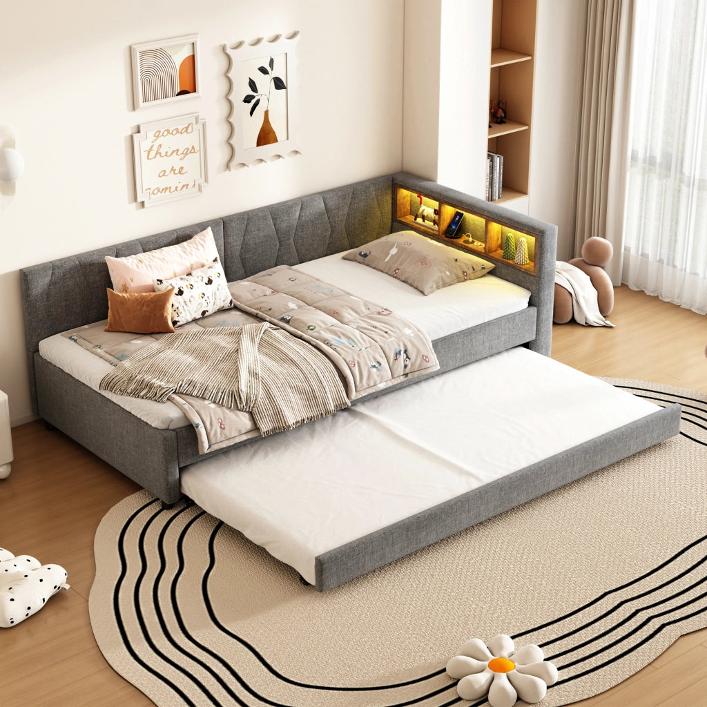 LETTO estraibile 90x200 cm Grigio in lino con USB Type-C e LED