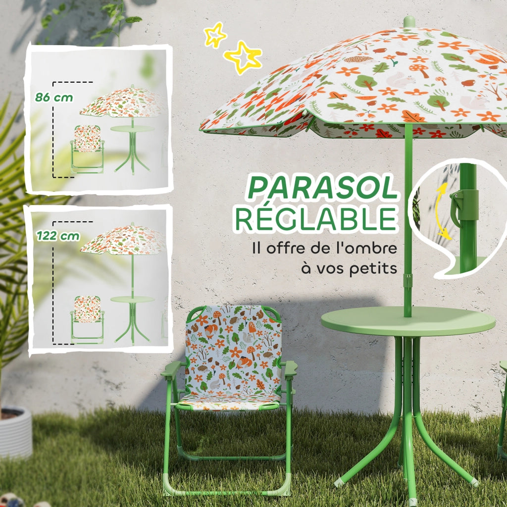 Set giardino bambini 4 pezzi elefante giraffa ¨C Xylo ¨C tavolo sedie pieghevoli parasol ?100cm