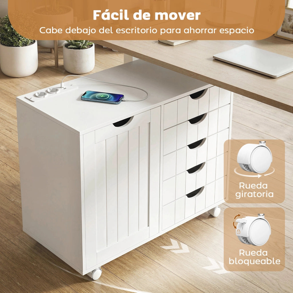 Scrivania con cassetti e ruote ¨C zephmum ¨C 5 cassetti, USB, bianco