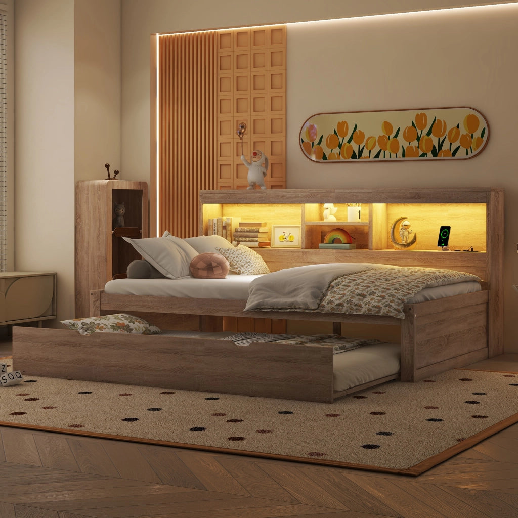 DIVANO LETTO Estraibile 90x200 cm Natur con prese USB e luce ambientale