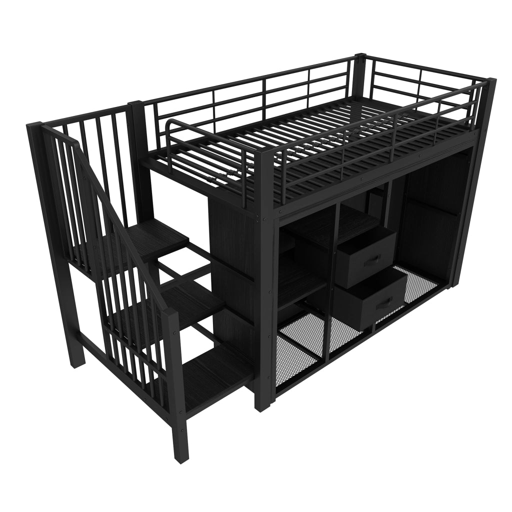 Letto a soppalco 90×200 cm con 2 cassetti; armadio aperto; LED; 3 vani portaoggetti; senza materasso; nero