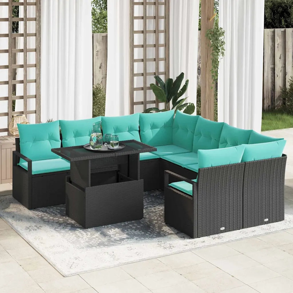 Set Divano da Giardino con cuscino 9 pcs Nero e Blu polyrattan 3348802
