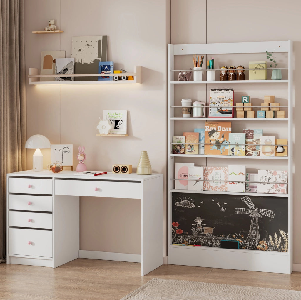 Libreria da parete salvaspazio con 4 ripiani e lavagna; 100x10x180 cm bianco