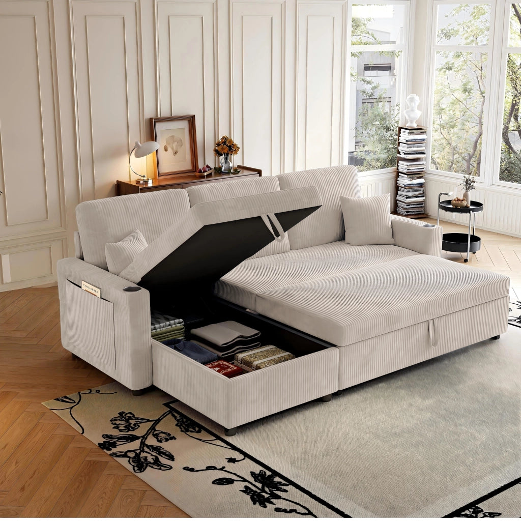 Divano angolare convertibile modulare con funzione letto; contenitore; USB e portabicchieri in velluto a coste beige