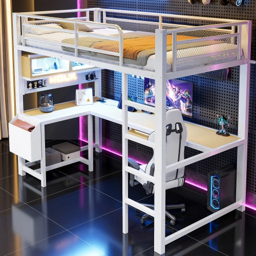 Letto a soppalco con scrivania 90x200 cm LEMONMAX, LED 7 colori, 2 prese e 2 USB, mensole, struttura in metallo, bianco