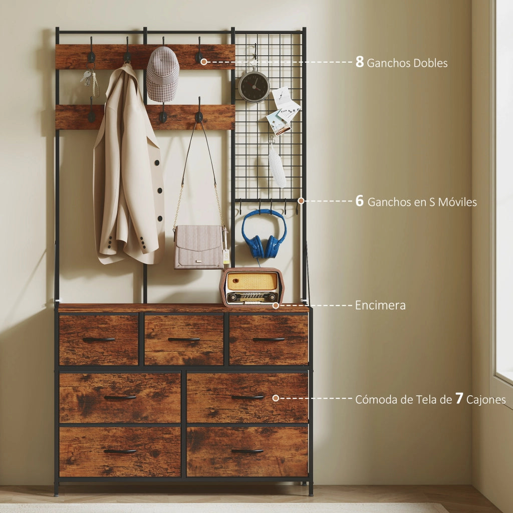 Appendiabiti con cassetti e ripiano ¨C Minimal ¨C 100x30x183 cm Marrone R¨²stico